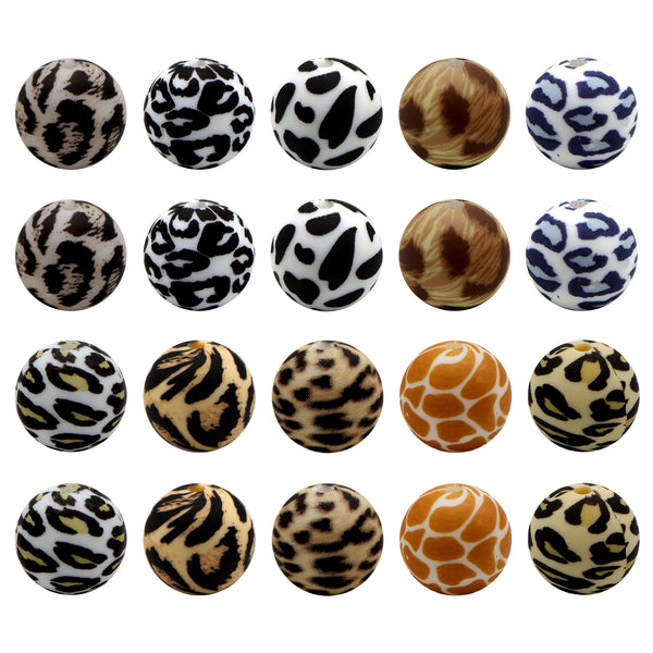 20Pcs 15mm Animal Textured Series Silicone Beads Leopard Cows Pattern Round Silicone Loose Spacer Beads For Jewelry Making DIY Bracelet Pendent Necklace Pen Chain Earrings Charm Bangle Decors Craft Supplies