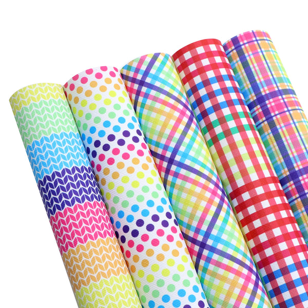 5Pcs/Set Geometry Faux Leather Sheets 7.87x12.99inch Rainbow Color Striped Plaid Dot Printed Synthetic Leather Fabric Set for DIY Handmade Crafts Earrings Hair Bows Projects Supply