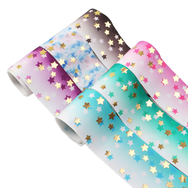 5 Yards Star Golden Foil Gradient Color Grosgrain Ribbon Roll - 1.5inch/38mm Width for DIY Crafts, Clothing, Gift Wrapping, Hair Bows, and Party Decorations