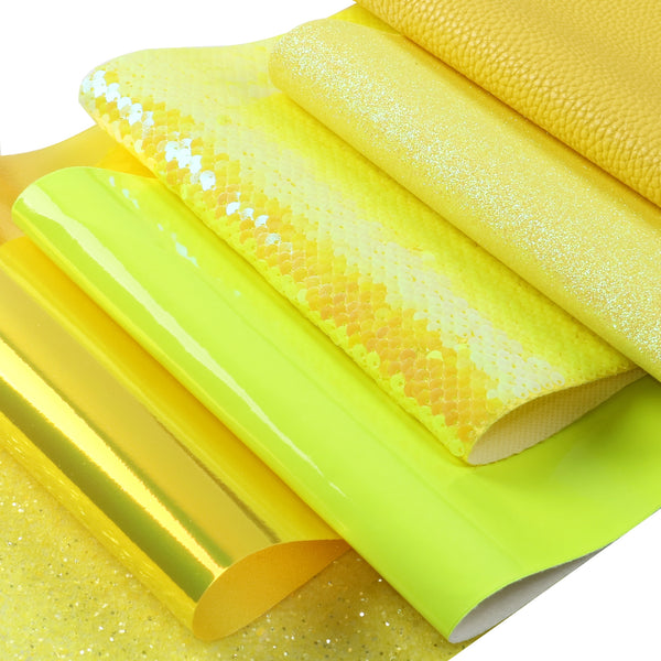 6pcs/set 7.87x12.99inch Solid Color Yellow Series Glitter Faux Leather Set Printed Bump Textured Synthetic Leather fabric for DIY Earrings Hair Bows Crafts