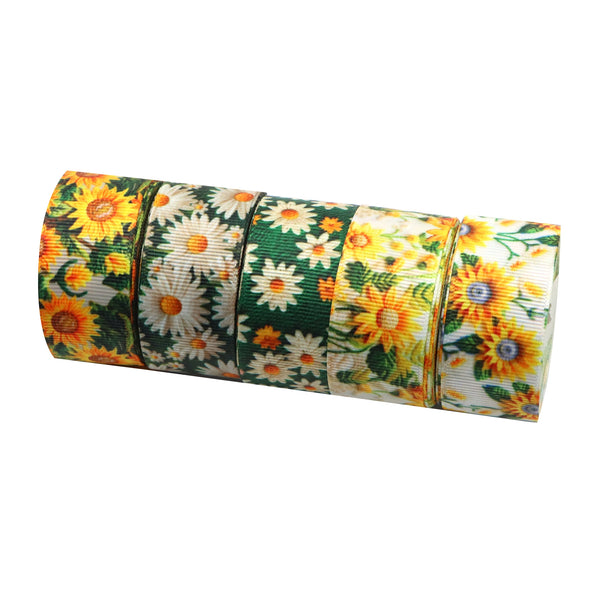 25yards/set Faux Imitation Embroidery Sunflower Daisy Flower Printed Grosgrain Ribbon Roll Set 25mm/1in Ribbon For Gift Wrapping Ribbon Holiday DIY Wreath Craft Ribbons For Home Party Decor Scene Decor (5 yards/roll,5 rolls/set)