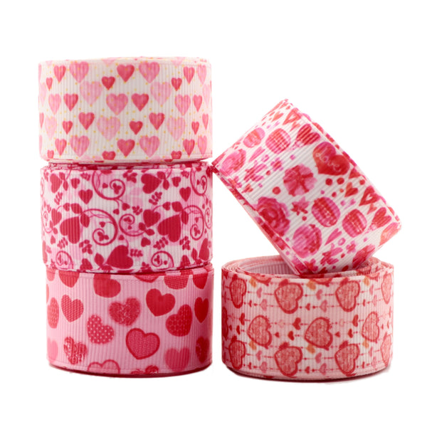 5 Yards/set,Each 1 yard,5 Design,1Inch/25mm Valentine's Day Pink Heart Printed Grosgrain Ribbon Set For Gift Wrapping Ribbon Holiday DIY Craft Ribbons For Home Party Decor