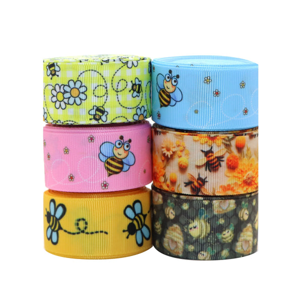 1 Roll, 1 Inch X 5 Yards/roll Bee Flower Printed Grosgrain Ribbon For Gift Wrapping Ribbon Holiday DIY Craft Ribbons For Home Party Decor