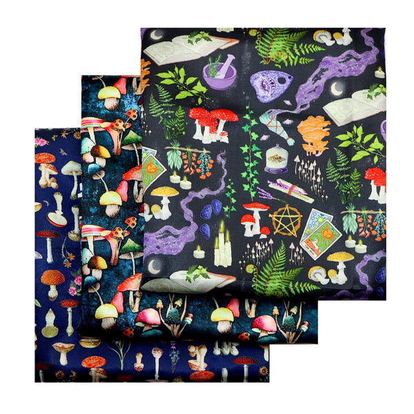 1pc 57x19.68inch Black Moon Mushroom Print Smooth Satin Fabric Quilting Fabrics Craft DIY Handmade Doll Clothes Fabric For Patchwork DIY Handmade Craft Sewing Supplies (75gsm