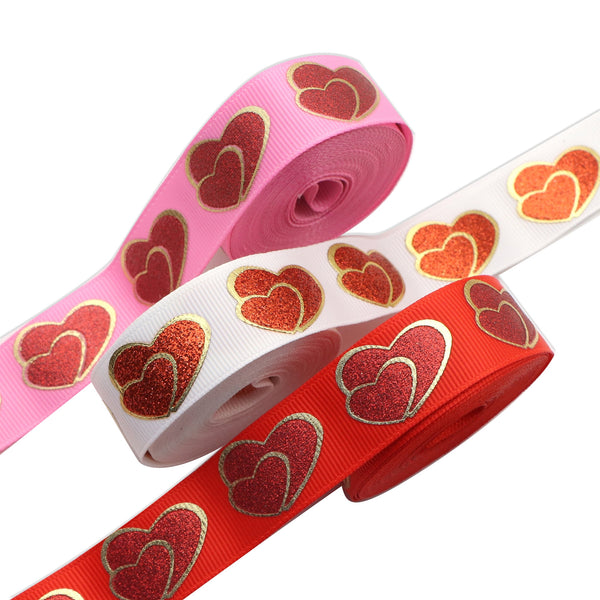 1pc 5yards 22mm/0.87 in Glitter Red Heart Print Grosgrain Ribbon Roll For Valentine's Day Wreaths Gift Wrapping Party Decoration DIY Hair Bows Crafts Headwear Decoration Sewing Accessories