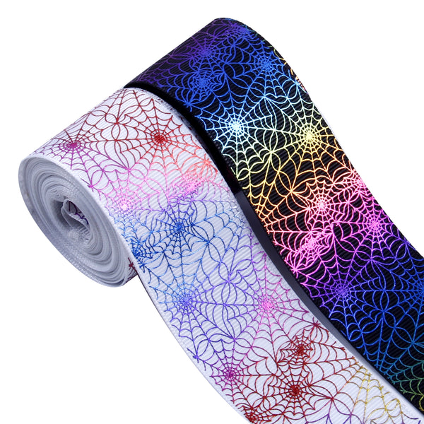 5yards 38mm/1.5in Halloween Rainbow Color Foil Spider Web Print Grosgrain Ribbon Roll for Wreaths Gift Wrapping Party Decoration DIY Hair Bows Crafts Headwear Hair Accessories Garment Decor