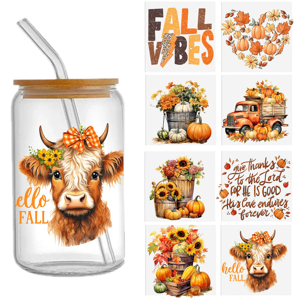 1pc UV DTF Cup Wrap Decals Thanksgiving Day autumn pumpkin Maple Leaf Cake Series For Any Hard Surface, Scratch-Resistant Decals With Vibrant Colors & UV DTF Transfer Sticker Waterproof Sticker For Libbey Glass Cups 16OZ DIY Tumbler Furniture gift