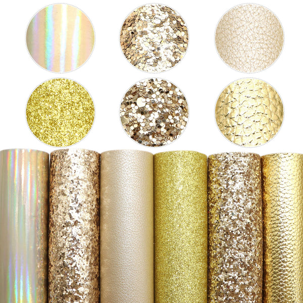 6pcs/set 7.87x12.99inch Chunky Glitter Faux Leather Sheets Golden Color Synthetic Leather Fabric Set for DIY Handmade Bags Earrings Bows Sewing Material