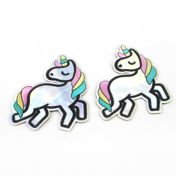 2Pcs Fashion Iron-On Cloth Patches with Holographic Laser Unicorn Embroidery for DIY Clothes Decoration, Stitchable and Ironable Fabric Patches for Bags, Jackets, and More