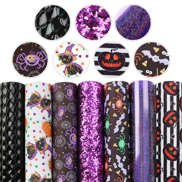 7Pcs/set 7.87x12.99inch Halloween Series Faux Leather Set Synthetic Leather Fabric Sheets for DIY Earrings Hair Bows Crafts Projects