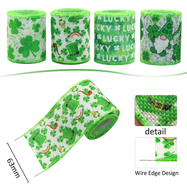 4 Rolls, 63mm St. Patrick's Day Wired Ribbon (5yards/roll), Linen Fabric Shamrock Gnome Wired Edge Ribbons, Decorative Wrapping Ribbons For Wreaths Gift DIY Hairbows Craft Ribbons, Home Room Decor, Party Supplies, Holiday Accessory