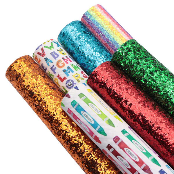 7pcs/set Back to school pencil numbers chunky glitter stripe Faux Synthetic Leather Set 7.7*12.9inch Fabric Sheets For DIY Bows Artificial Leather Crafts Handmade Material