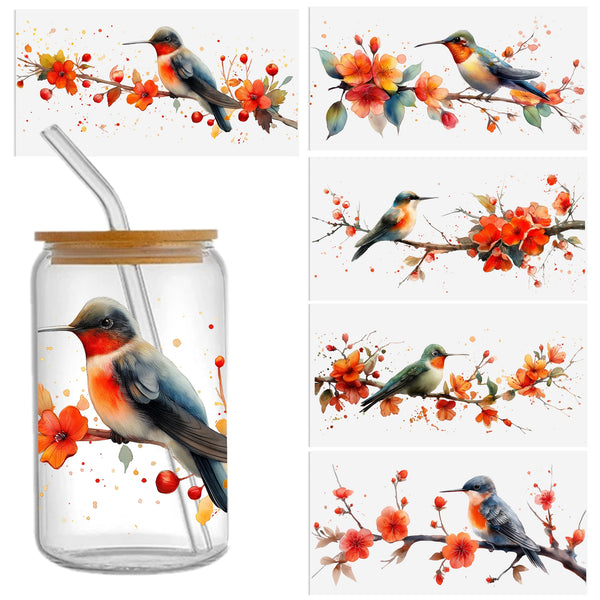 5 Pack Watercolor Ink Hummingbird UV DTF Transfer Stickers, 3D Colorful Bird Decals for DIY Mug Waterproof, Crystal Embellished Animal Print Self-Adhesive Stickers for Ceramic, Glass, Laptops, Skateboards ， High Quality Single Use Glossy Finish