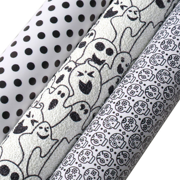 Ghost Dot White and Black 3-Piece Set Faux Leather Fabric,7.87x12.99inch,PVC Material Synthetic Leather- Perfect For Diy Earrings, Bag,Hair Bows, And Crafts