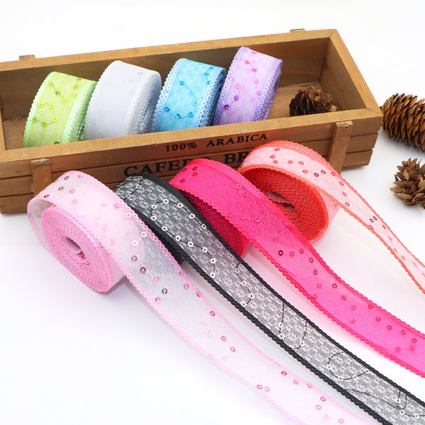 1 Roll 5 Yards 1inch/25mm Glitter Sequin Organza Ribbon For Clothing Trim Accessories DIY Hairbow Craft Gift Wrapping Sewing Birthday Party Home Decor