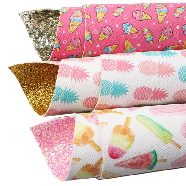 3pcs/set Ice cream pineapple double sides chunky glitter Faux Synthetic Leather Set 7.7*12.9inch Fabric Sheets For DIY Bows Artificial Leather Crafts Handmade Material