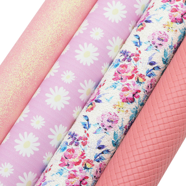 Pink series Faux flower daisy Synthetic Leather Set 4piece/set 7.7*12.9inch Fabric Sheets For DIY Bows Leather Crafts Handmade Material