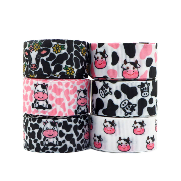 30yards/set Cow Spot Animal Flower Print Ribbon Roll 25mm/1inch Grosgrain Ribbon Set for Gift Package Wrapping, Hair Bow Clip Craft Accessory Making, Crafting Holiday Wreaths Decor(5 yards/roll,6 rolls/set)