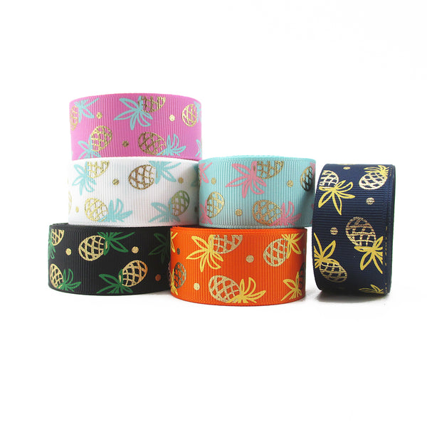 1 Roll, 1Inch/25mm X 5 Yards/roll Golden Foil Pineapple Printed Grosgrain Ribbon For Gift Wrapping Ribbon Holiday DIY Craft Ribbons For Home Party Decor