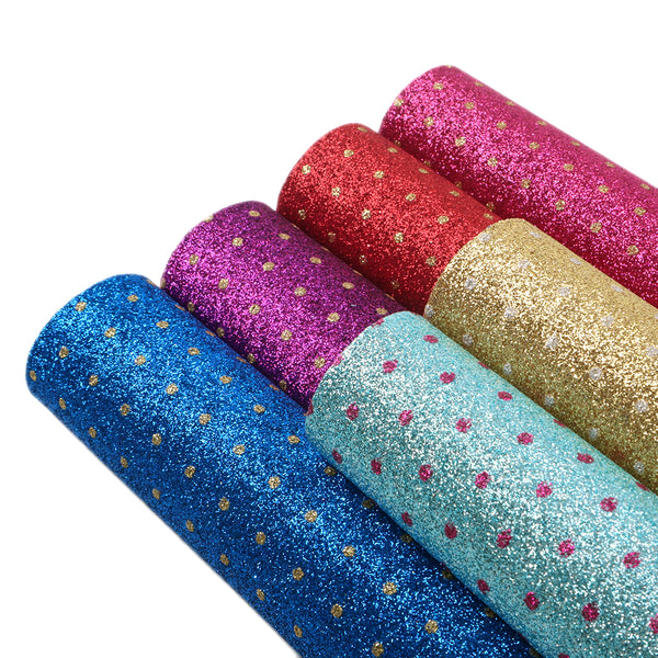 6pcs/Set 7.87x12.99inch Fine Glitter Dots Faux Leather Set Printed Synthetic Leather Fabric Sheets For Leather Roll DIY Earrings Hair Bows Crafts Projects