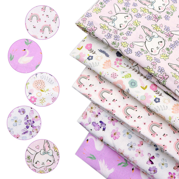 1pc Rainbow Purple Color Pattern Rabbit Swan Flower Animals Series Quilting Fabric-57x19.68inch(145x50cm)100% Cotton Craft Fabrics DIY Handmade  Clothes Fabric For Patchwork Craft(130gsm)