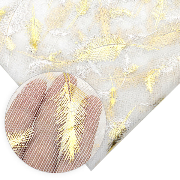 1pc Golden Foil Feather Pattern Quilting Fabric-68.89x19.68inch(175x50cm) Mesh Gauze Fabric Stage Performance Costume Dance Decor Handmade DIY Fabric