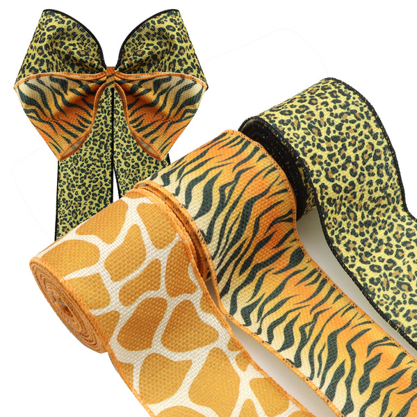 3 Rolls 2.5 Inch X 5 Yards/roll Animal Series Tiger Deer Leopard Printed Decorative Imitation Burlap Wire Edge Ribbon Home Decoration For DIY Gift Box Packaging Bowknot Craft Material