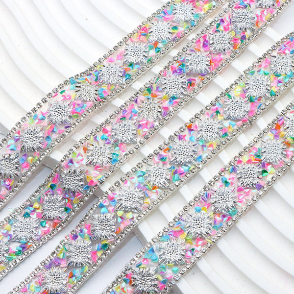 1 Yard 2CM/0.78in Wide Crystal Rhinestone Ribbon, Crystal Rhinestone Trim Hotfix Ribbon Colorful Artificial Gem Stone Beaded Iron On Applique Chain Embellishment Sewing Accessories For DIY Crafts Wedding Bridal Dress Phone Belt Decor Clothing Sewing