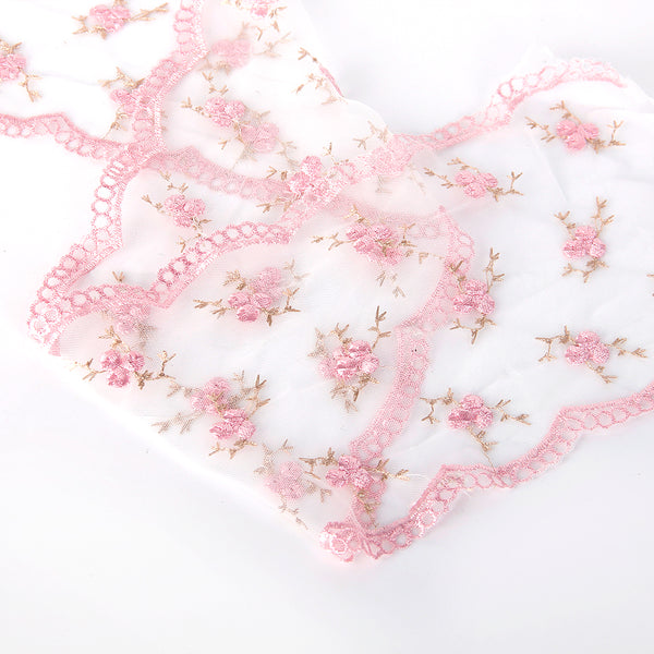 1 Yard 5.12inch Wide,Pink Flower Embroidery Lace Ribbon - Polyester Embroidered Trim for DIY Hair Accessories, Wedding Dress & Bouquet Decorations