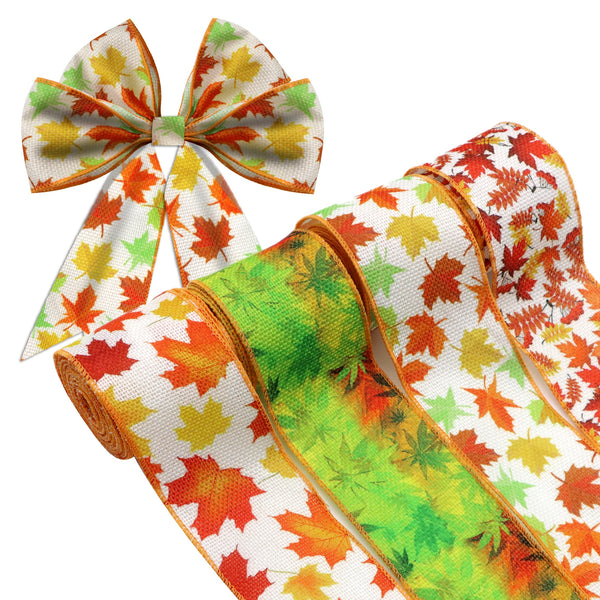 4 Rolls 2.5 Inch X 5 Yards/roll Fall Autumn Series Maple Leaf Printed Decorative Imitation Burlap Wire Edge Ribbon Home Decoration For DIY Gift Box Packaging Bowknot Craft Material