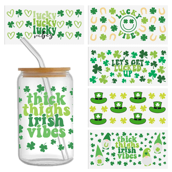 5pcs/Set Waterproof St. Patrick's Day Clover Series Sticker For 16oz Glass Cups,Uv Dtf Transfer Diy Crystal Label,Faith Cross Libbey Glass Wrap ,Vinyl Cup Wrap ,Uv Stickers Diy Sticker For Glass Bottle-High Quality (11x24cm) 4.3inX 9.4in