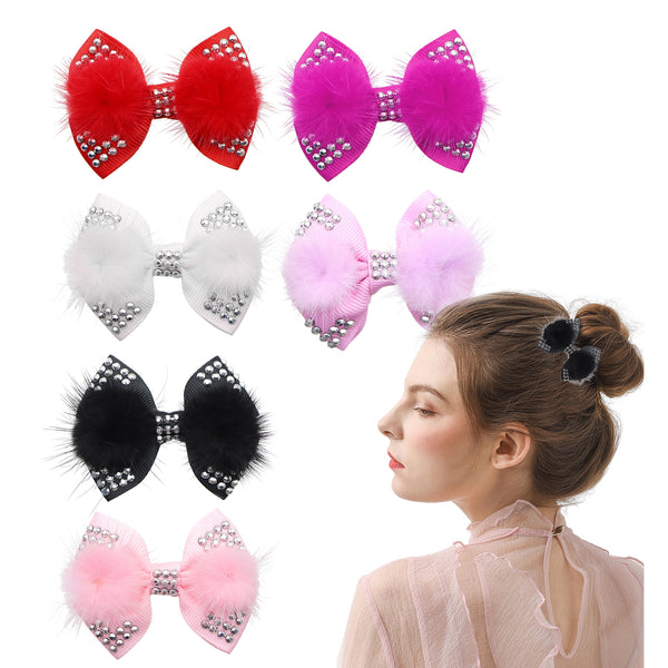 6Pcs Fluffy Pompoms Rhinestone Hair Bows Solid Color Faux Rabbit Fur Bowknots Hair Accessories Headwear for DIY Hairpins Hair Clips Barrettes