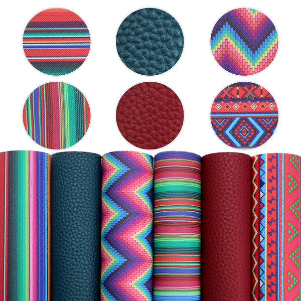 6pcs/set 7.87x12.99 Lychee Striped Chevron Printed Faux Synthetic Leather Fabric Sheets Set for Bows Leather Crafts DIY Handmade Material