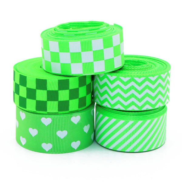 1 Roll 5yards Green Series Grosgrain Ribbon Roll 22mm/25mm Plaid Heart Chevron Ink Print Ribbon For Gift Packaging Wrapping Bouquet Party Decoration DIY Hair Bows Crafts