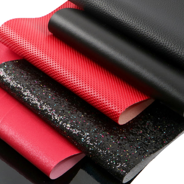 6pcs/set 7.87x12.99inch Solid Color Red and Black Series Chunky Glitter Faux Leather Set Printed Textured Synthetic Leather fabric for DIY Earrings Hair Bows Crafts