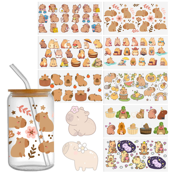 8pcs/set Cute Capybara animal UV DTF Cup Wrap Decals Decals Capybara Series Design For Any Hard Surface, UV DTF Transfer Sticker Waterproof Sticker For Libbey Glass Cups Tumbler Furniture Craft Wood DIY Crafts