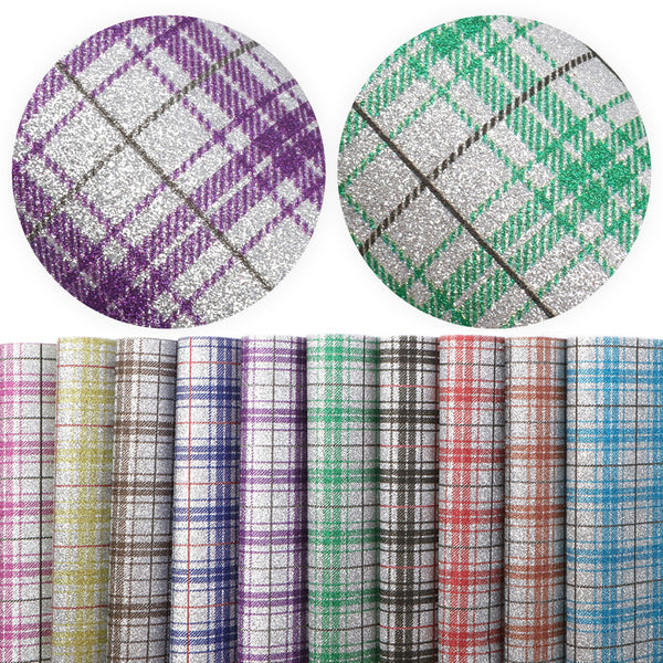 Plaid Grid 10-Piece Set Faux Leather Fabric,7.87x12.99inch,PVC Material Fine Glitter Texture Synthetic Leather- Perfect For Diy Earrings, Bag,Hair Bows, And Crafts