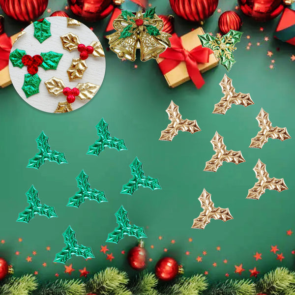 10pcs Fabric Holly Berry With Green Leaves Christmas Headdress Accessories, Leaf Stickers For DIY Hair Accessories，Christmas Non-woven Fabric  Green Leaves DIY Decorative Confetti, Scene Decor, Festivals Decor , Christmas Decor