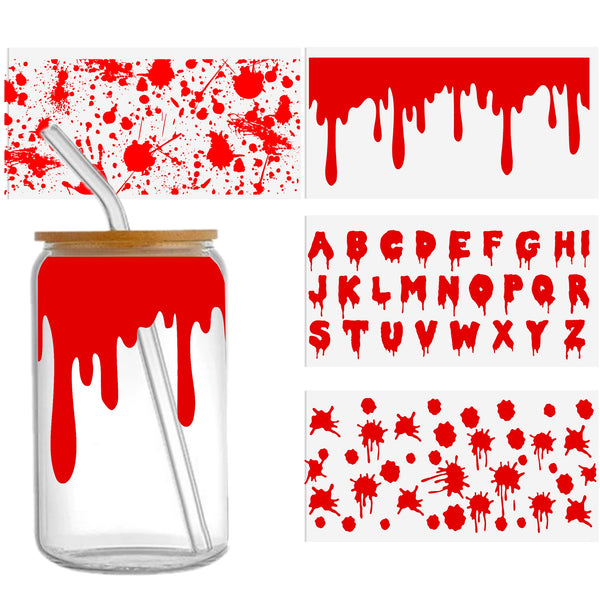 4peices/set UV DTF Cup Wrap Decals red Blood Horror halloween  Series For Any Hard Surface, Scratch-Resistant Decals With Vibrant Colors & UV DTF Transfer Sticker Waterproof Sticker For Libbey Glass Cups 16OZ DIY Tumbler Furniture gift