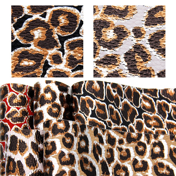 5Pcs/Set 7.87x12.99inch Gold Foil Leopard Faux Leather Set Litchi Textured Synthetic Leather Fabric for DIY Earrings Hair Bows Crafts Bags Projects