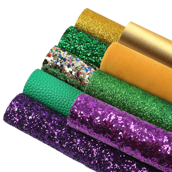 Mardi gras chunky glitter Faux Synthetic Leather Set 9piece/set 7.7*12.9inch Fabric Sheets For DIY Bows Leather Crafts Handmade Material