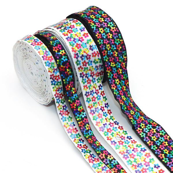 5 Yards Sequin Paillette Flower Grosgrain Ribbon for Sewing, Embellishing Dance Costumes, Headbands, and DIY Crafts