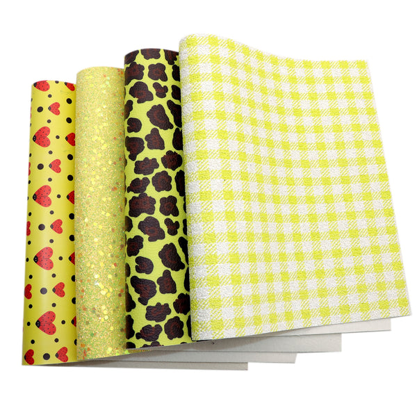 Yellow Series Heart Leopard Faux Synthetic Leather Set 4piece/set 7.7*12.9inch Fabric Sheets For DIY Bows Leather Crafts Handmade Material