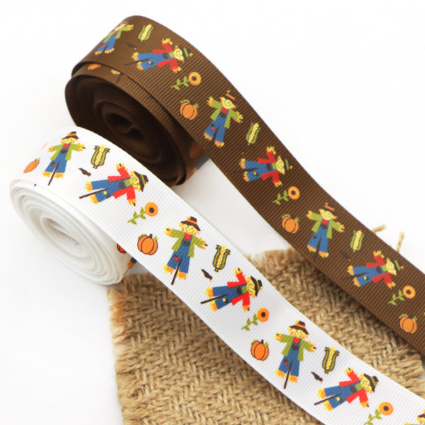 1pc 5yards 22mm/0.87 inch Fall Cute Scarecrow Print Grosgrain Ribbon Roll For Autumn Wreaths Gift Wrapping Party Decoration DIY Hair Bows Crafts Headwear Decoration Sewing Accessories