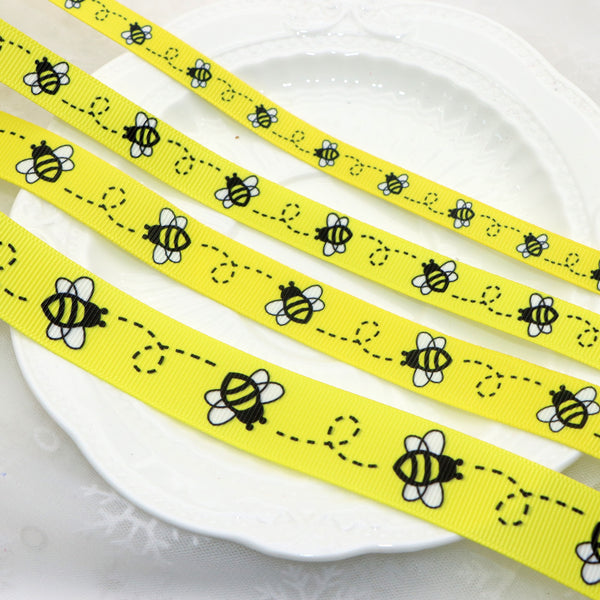 4.57 meter Bees Pattern Polyester Grosgrain Ribbon - 9mm/16mm/22mm/25mm/38mm/75mm Wide for Gift Wrapping, Wedding, Party Shower Decor, DIY Hair Bows, Crafts