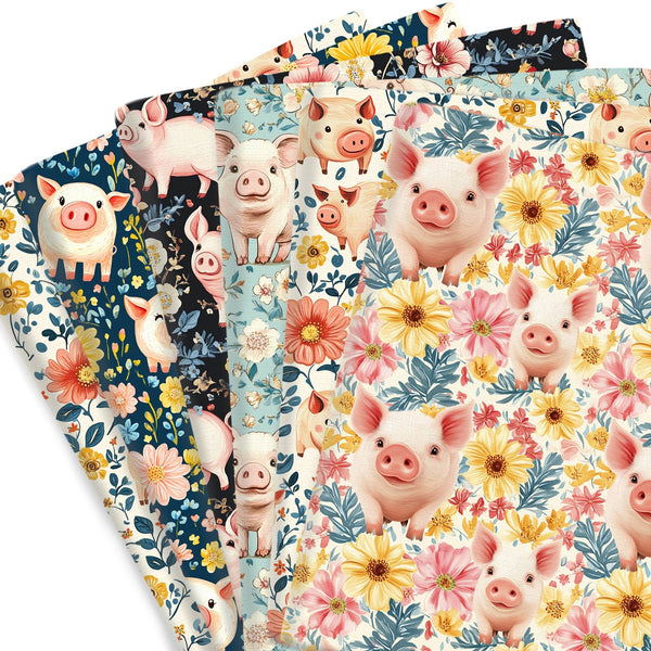 1pc Pig with Flower,Floral Series Pattern Quilting Fabric-17.7x19.68inch(45x50cm) Polyester Cotton Craft Fabrics DIY Handmade Projects Doll Clothes Fabric Precut For Patchwork Craft(108gsm)