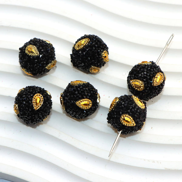 1Pc Teardrop Black Golden Round Shaped Polymer Clay Beads Loose Spacer Acrylic Beads with Hole for Jewelry Making DIY Bracelet Necklace Chain Earrings Charm Bangle Decors Craft Supplies