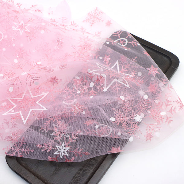 1pc 51.18x19.68inch(130x50cm) Glitter Pink Color Snowflake Lace Fabric Precut – Printed Tulle Mesh Gauze Polyester Blend, Hand Wash Only – Ideal for DIY Crafts, Bows, Doll Outfits, Party Decor & Photography Backdrops