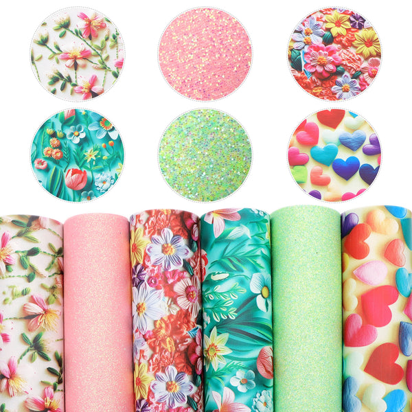 6Pcs/set Imitation Embroidery Blossom Flowers Sunflower Heart Printed Faux Leather Sheets 7.87x12.99inch Synthetic Leather Fabric for DIY Earrings Bows Crafts Decorations