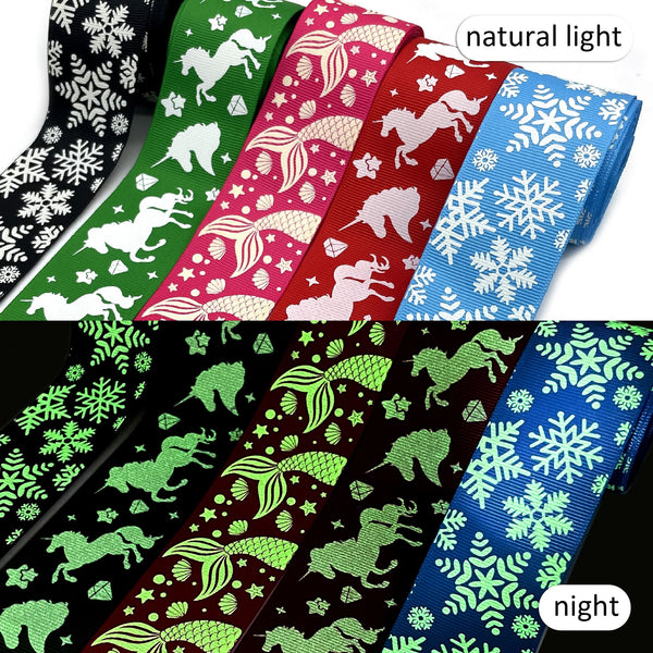 5yards 38mm/1.5 inch Christmas Glow in the Dark Snow Deer Unicorn Print Grosgrain Ribbon Roll For Christmas Wreaths Gift Wrapping Party Decoration DIY Hair Bows Crafts Headwear Decoration Sewing Accessories